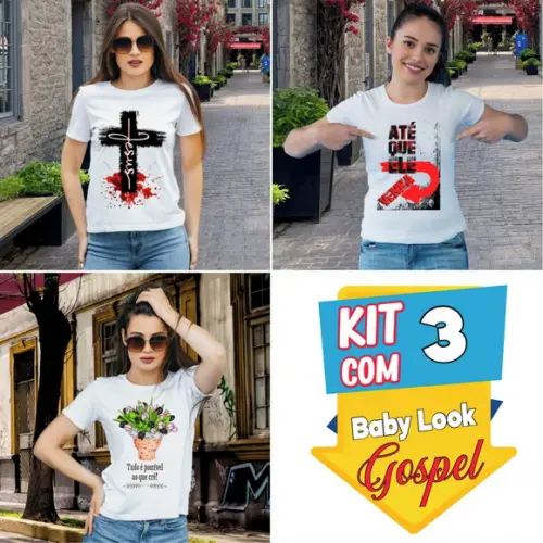 Baby Look Camiseta Feminina Evangélica Gospel Kit com 3