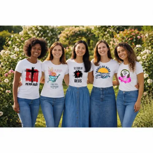 Camiseta Gospel Evangélica Feminina Kit c/ 5 Gola Punho 100%