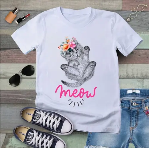 Camiseta Gato Meow Amo Gato Mãe de Gato Feminina