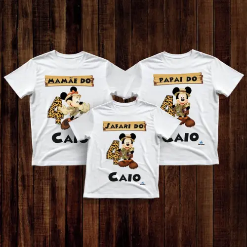 Kit Camisetas Festa Safari Mickey Gola Punho 100% Poliéster