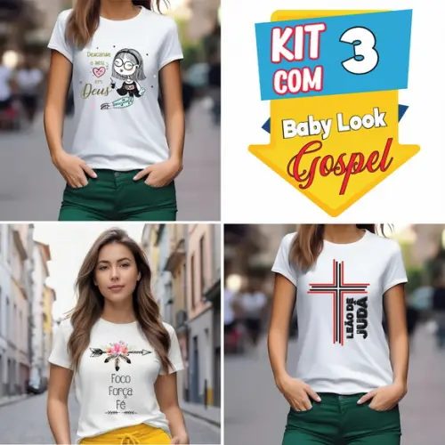 Camiseta Feminina Evangélica Gospel Kit com 3 Baby Look