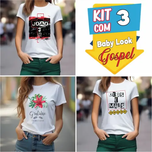 Baby Look Camiseta Feminina Evangélica Gospel Kit com 3