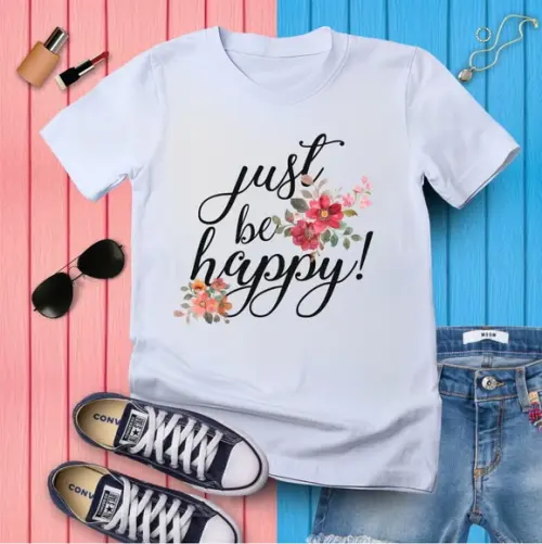 Camiseta Feminina Floral Frase Seja Feliz