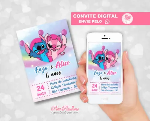 Convite Digital Stitch e Angel - Whatsapp