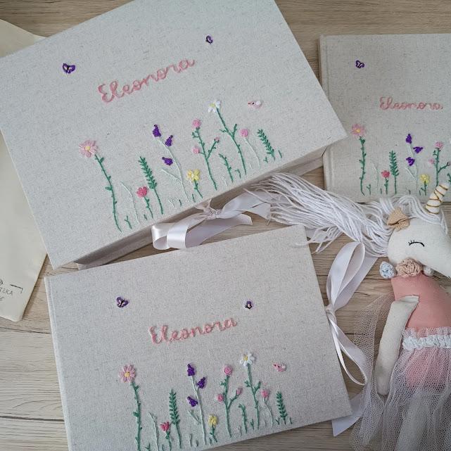 Kit caixa, álbum e livro do bebê bordado jardim