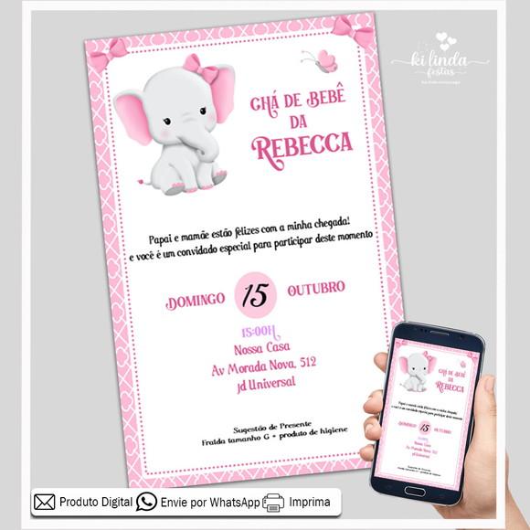Convite Digital Chá de Bebê Elefantinho Rosa