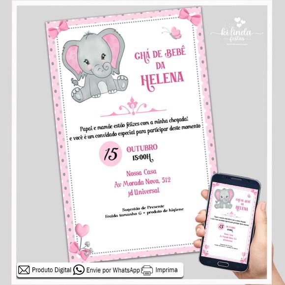 Convite Digital Chá de Bebê Elefantinho Rosa