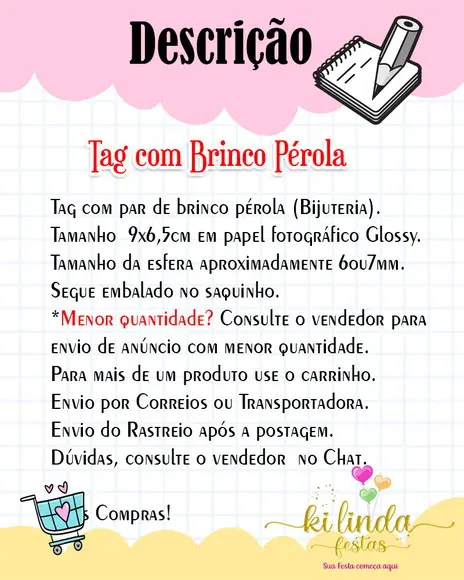 100 Tags com Brinco Pérola Lembrancinha Outubro Rosa