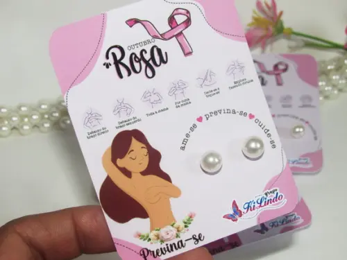 100 Tags com Brinco Pérola Lembrancinha Outubro Rosa
