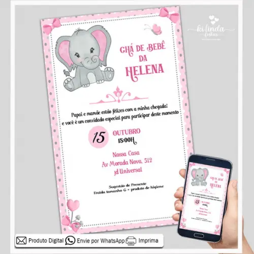 Convite Digital Chá de Bebê Elefantinho Rosa