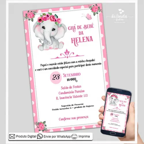 Convite Digital Chá de Bebê Elefantinho Rosa
