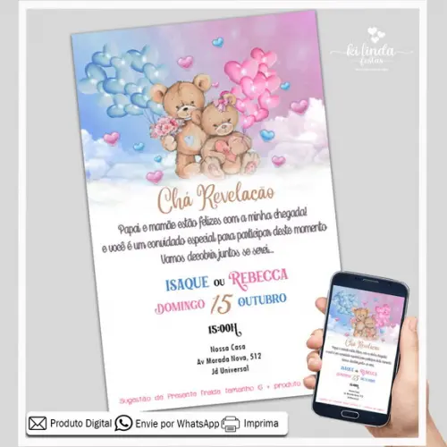 Convite Digital Ursinhos Chá Revelação