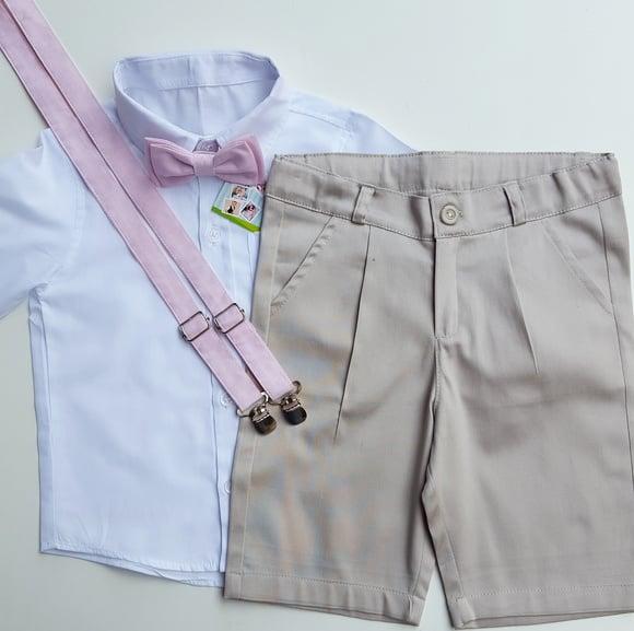 Roupa Pajem Bermuda Nude Suspensório e Gravata Rosê