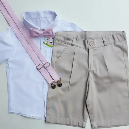 Roupa Pajem Bermuda Nude Suspensório e Gravata Rosê