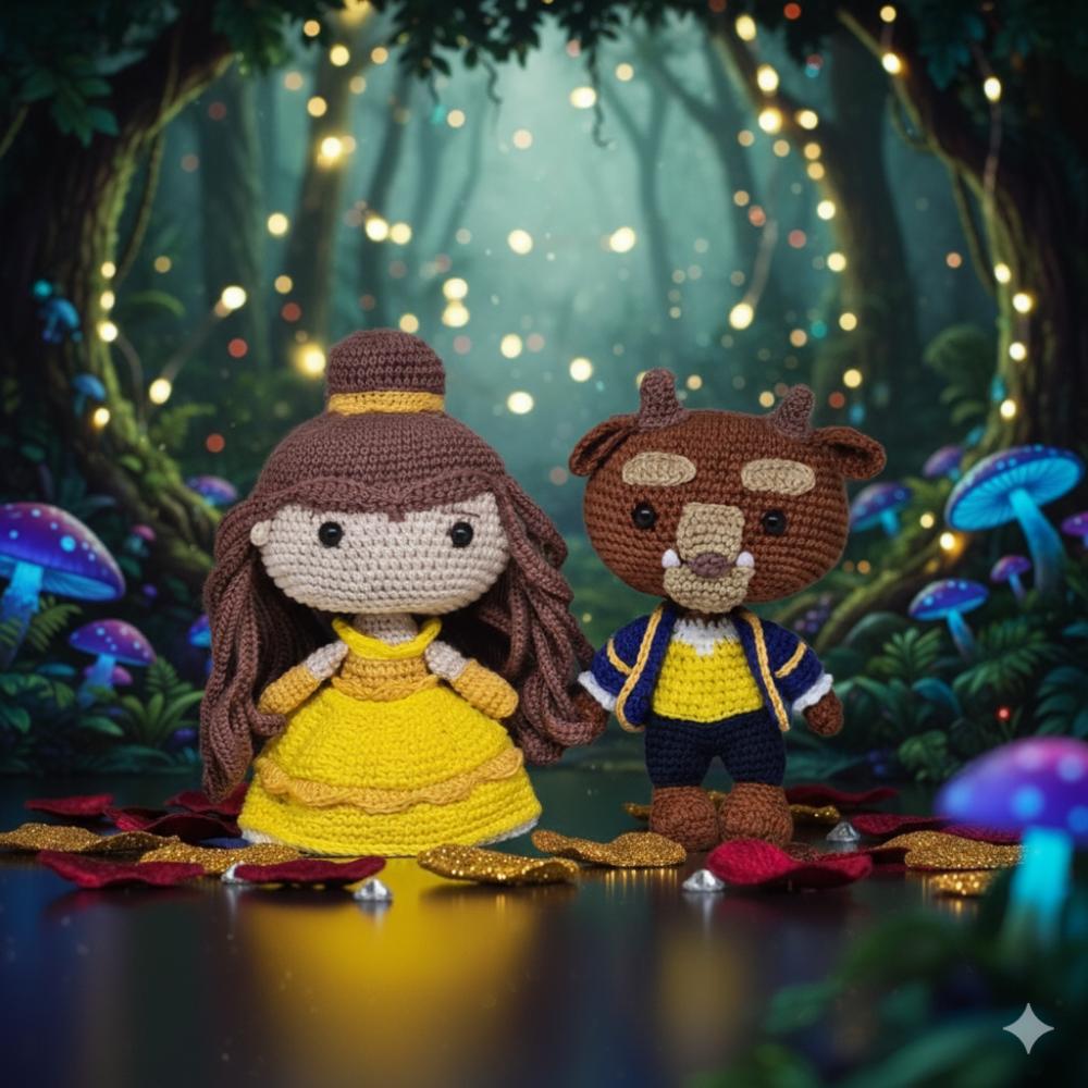 Kit Amigurumi Bela e a Fera em Crochê Brinquedo Artesanal