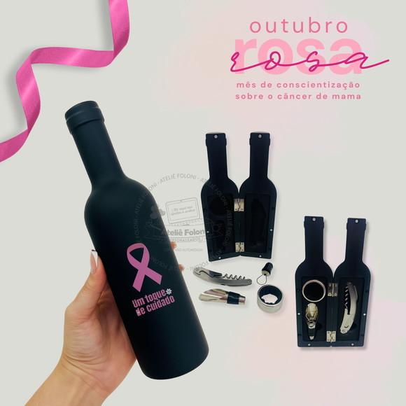 Kit Vinho Garrafa 3 Peças Personalizado Outubro Rosa