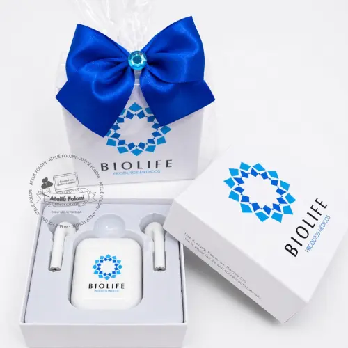 Fone sem fio Bluetooth personalizado e embalado com laço corporativo