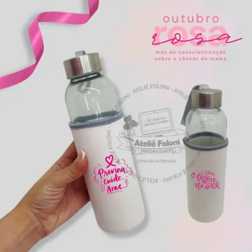 Garrafa em Vidro Tampa em Inox 520 ml Outubro Rosa