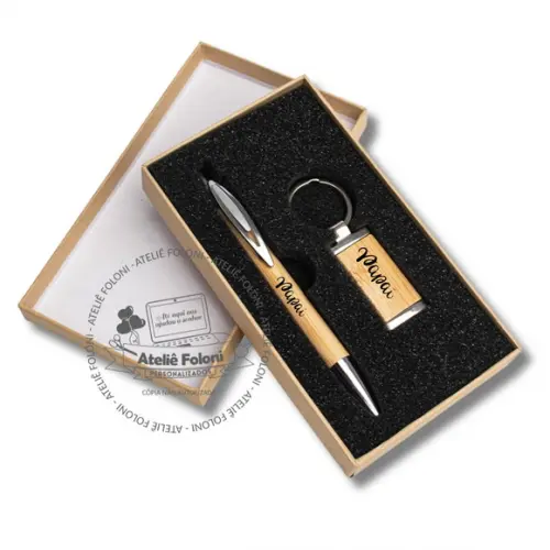 Kit Caneta e Chaveiro Bambu Personalizado