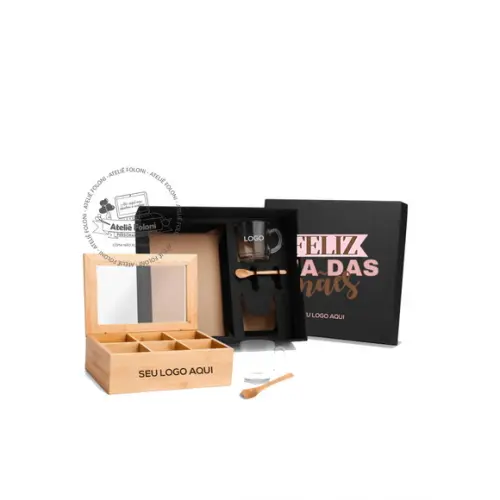 Kit para Chá com Caixa Bambu e Colheres 5 Pçs Personalizado