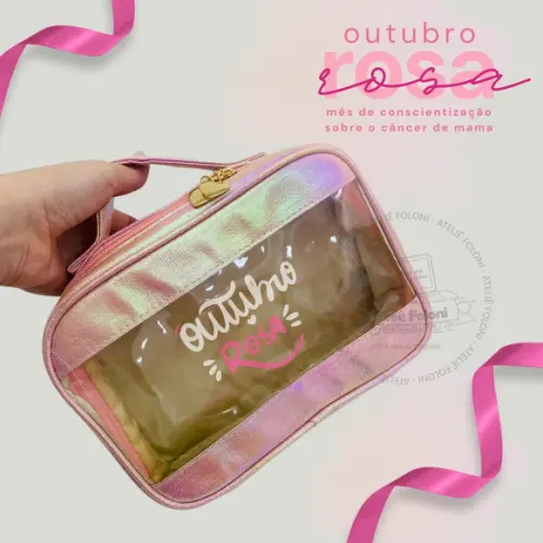 Nécessaire Holográfica Impermeável Outubro Rosa