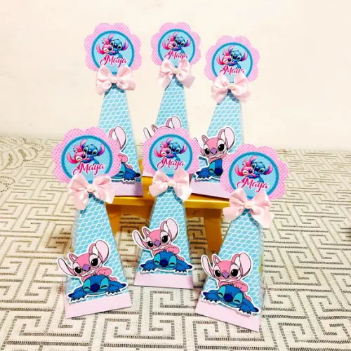 Caixinha Pirâmide Stitch e Angel