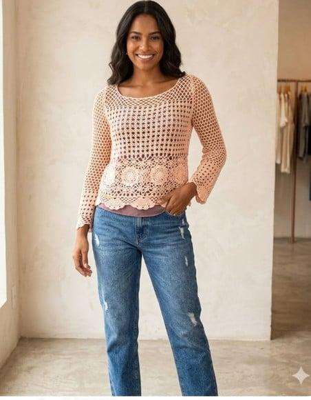 Blusa de Crochê Manga Longa