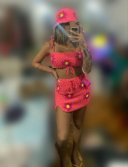 Conjunto Cropped E Saia De Crochê
