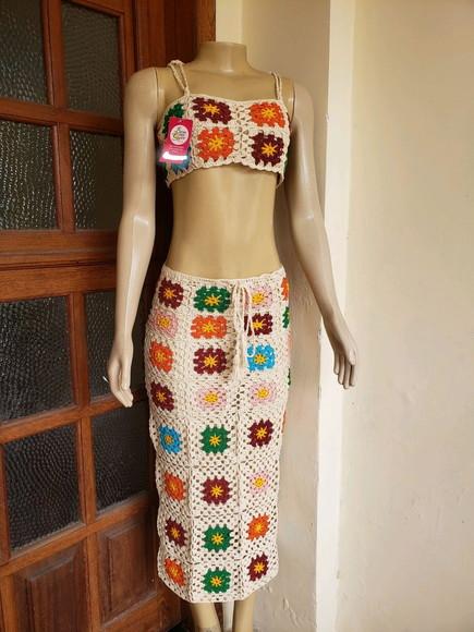 Conjunto Cropped E Saia De Crochê