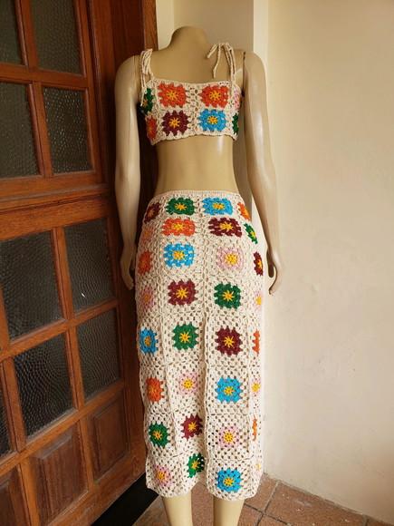 Conjunto Cropped E Saia De Crochê