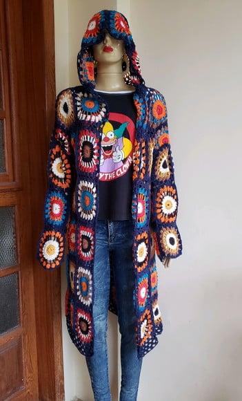 Sobretudo Kimono Squares Crochê