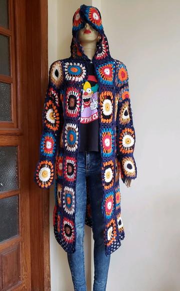 Sobretudo Kimono Squares Crochê