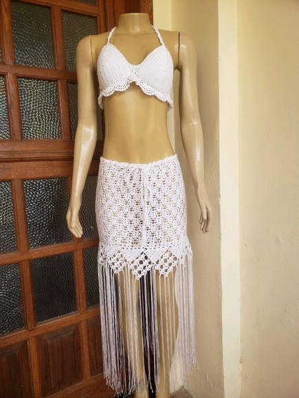 Top Cropped E Saia De Crochê