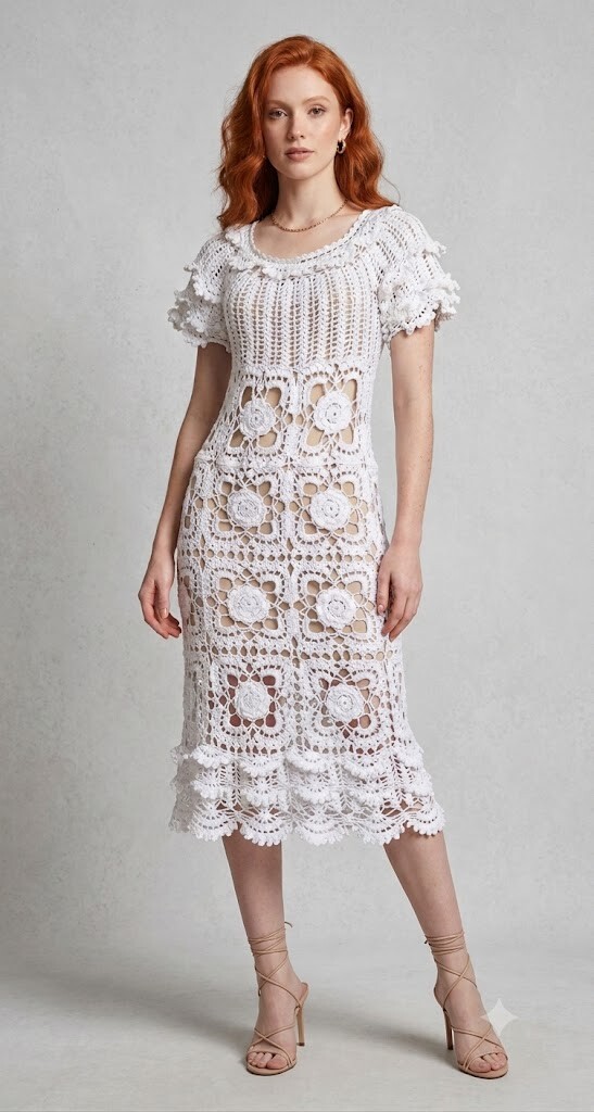 Vestido Crochê Adulto com Manga
