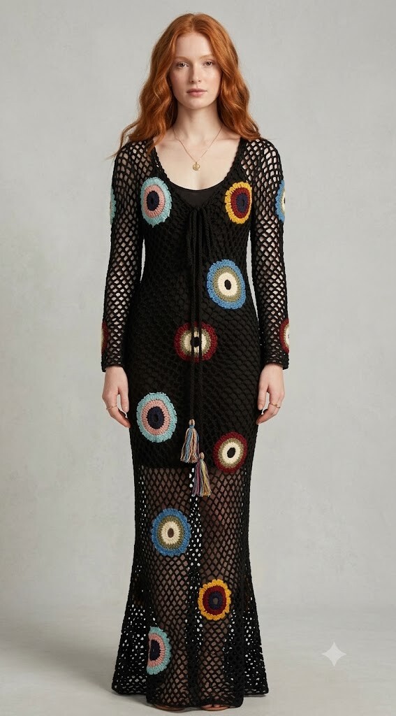 Vestido de Crochê Preto Aplique de flores  Adulto