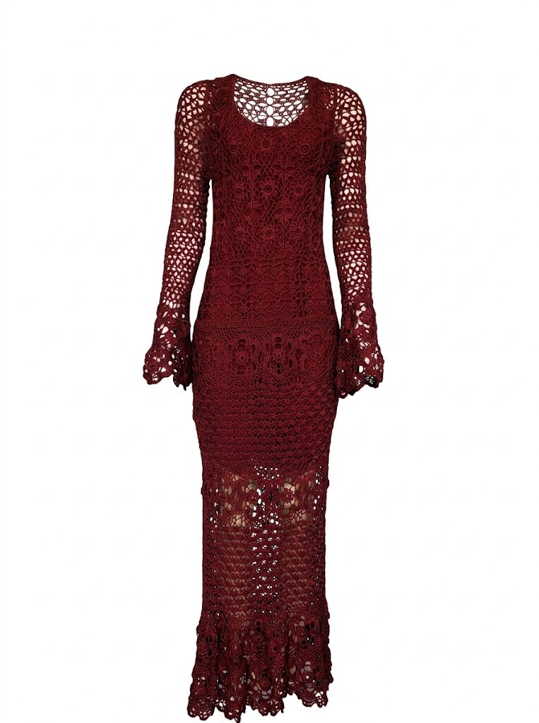 Vestido Bordô Marsala Crochê Adulto 100% Seda Polimiada