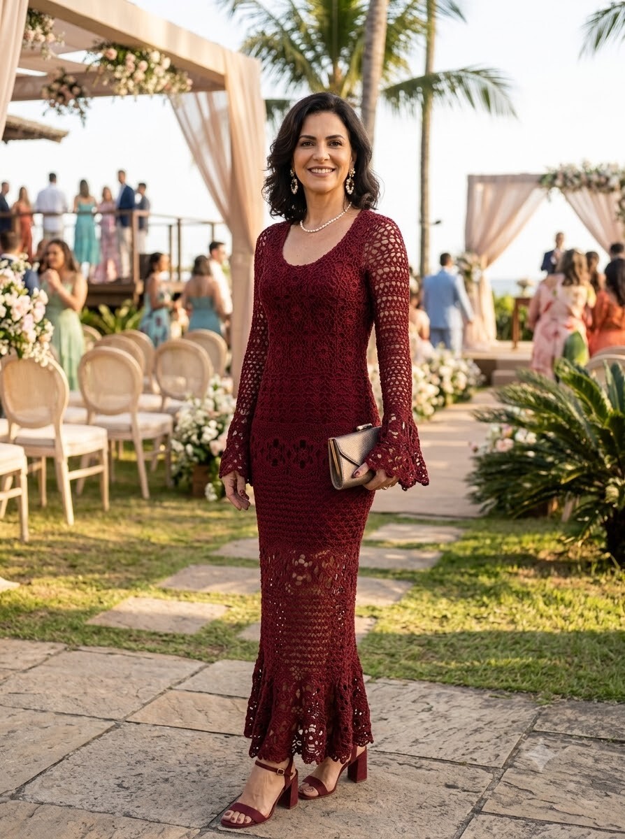 Vestido Bordô Marsala Crochê Adulto 100% Seda Polimiada