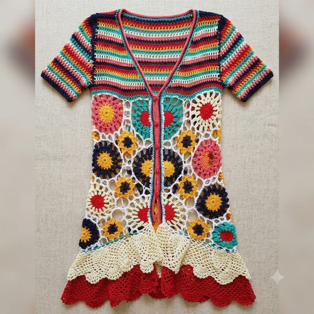 Vestido Colorido com babado Crochê Adulto