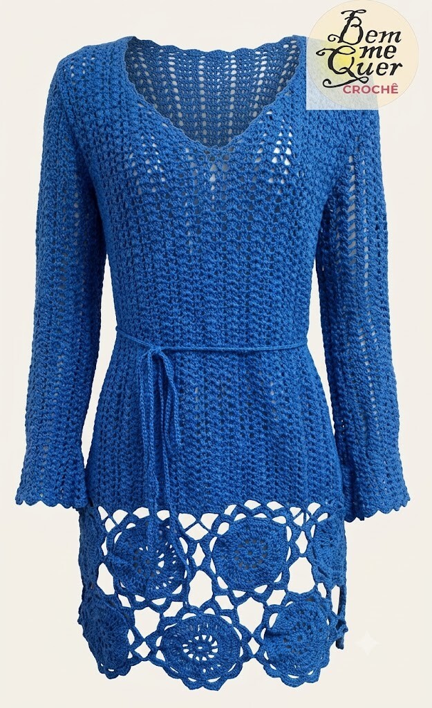 Vestido Azul Crochê Curto Adulto