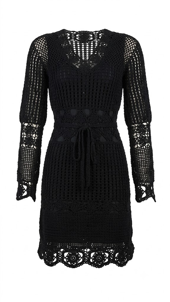 Vestido Preto Midi  Crochê Dolce