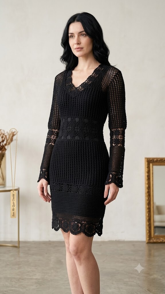 Vestido Preto Midi  Crochê Dolce