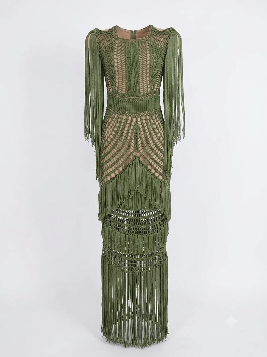 Vestido Crochê Longo Verde com Franjas