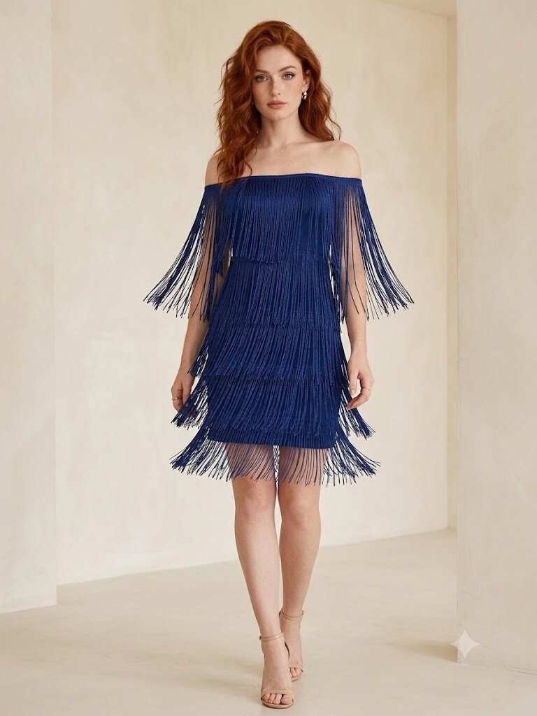 Vestido Crochê azul com franjas Franjas