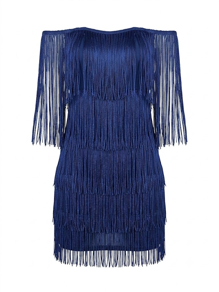 Vestido Crochê azul com franjas Franjas