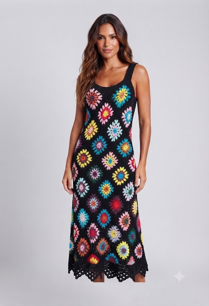 Vestido Crochê Evasé Squares Colorido
