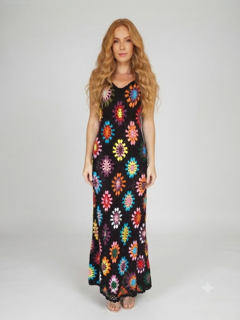 Vestido Crochê Evasé Longo Colorido Costa Nua