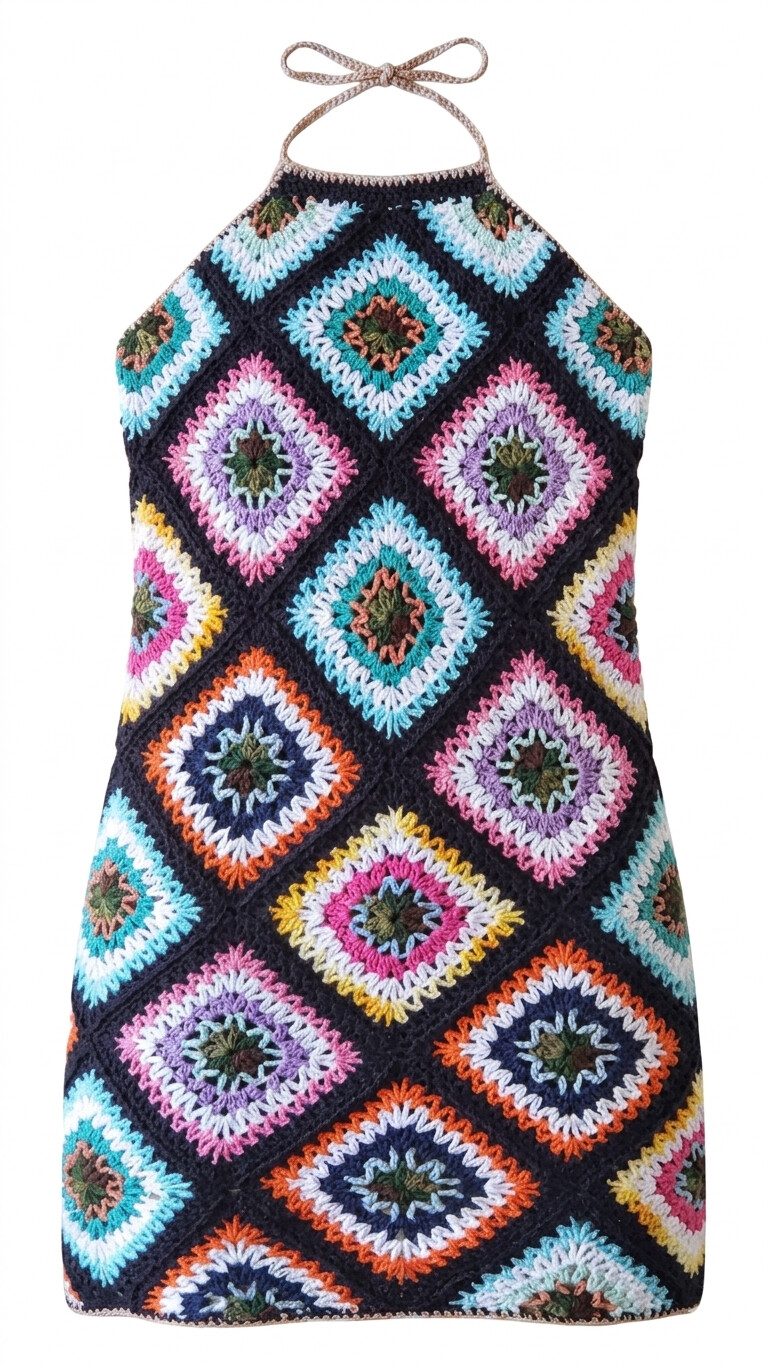 Vestido Curto de Crochê Squares Coloridos