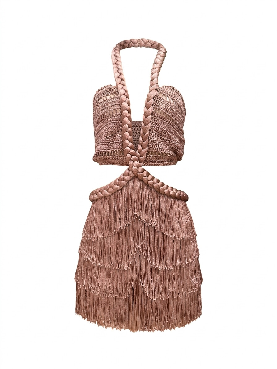 Vestido Bege Marrom Nude Crochê Adulto Franjas