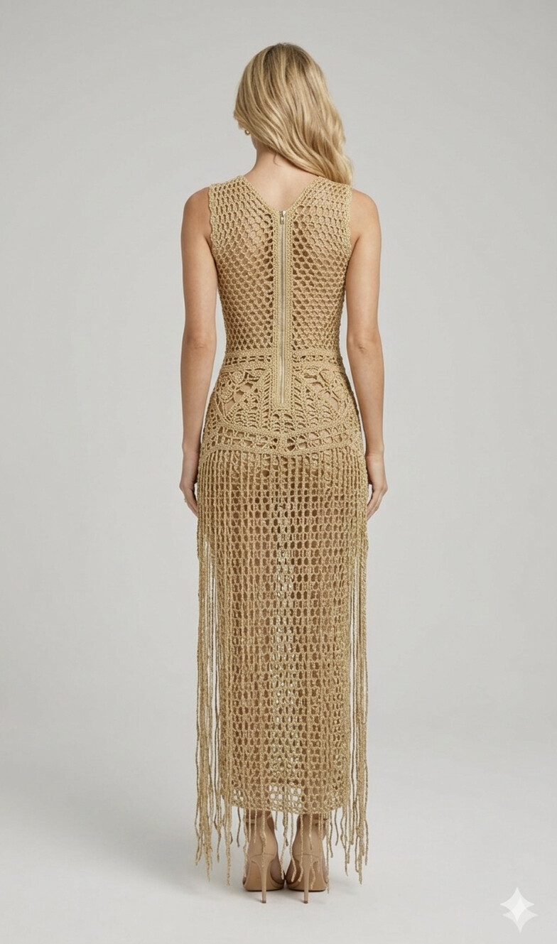 Vestido Crochê dourado longo com franjas