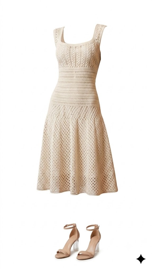 Vestido Crochê Off White Cinturado Evasé